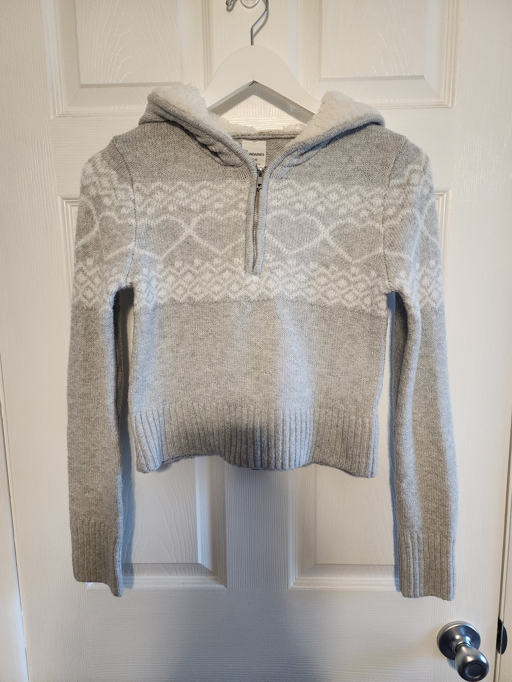 No Boundaries Light Gray Half-Zip Sherpa Hooded Sweater